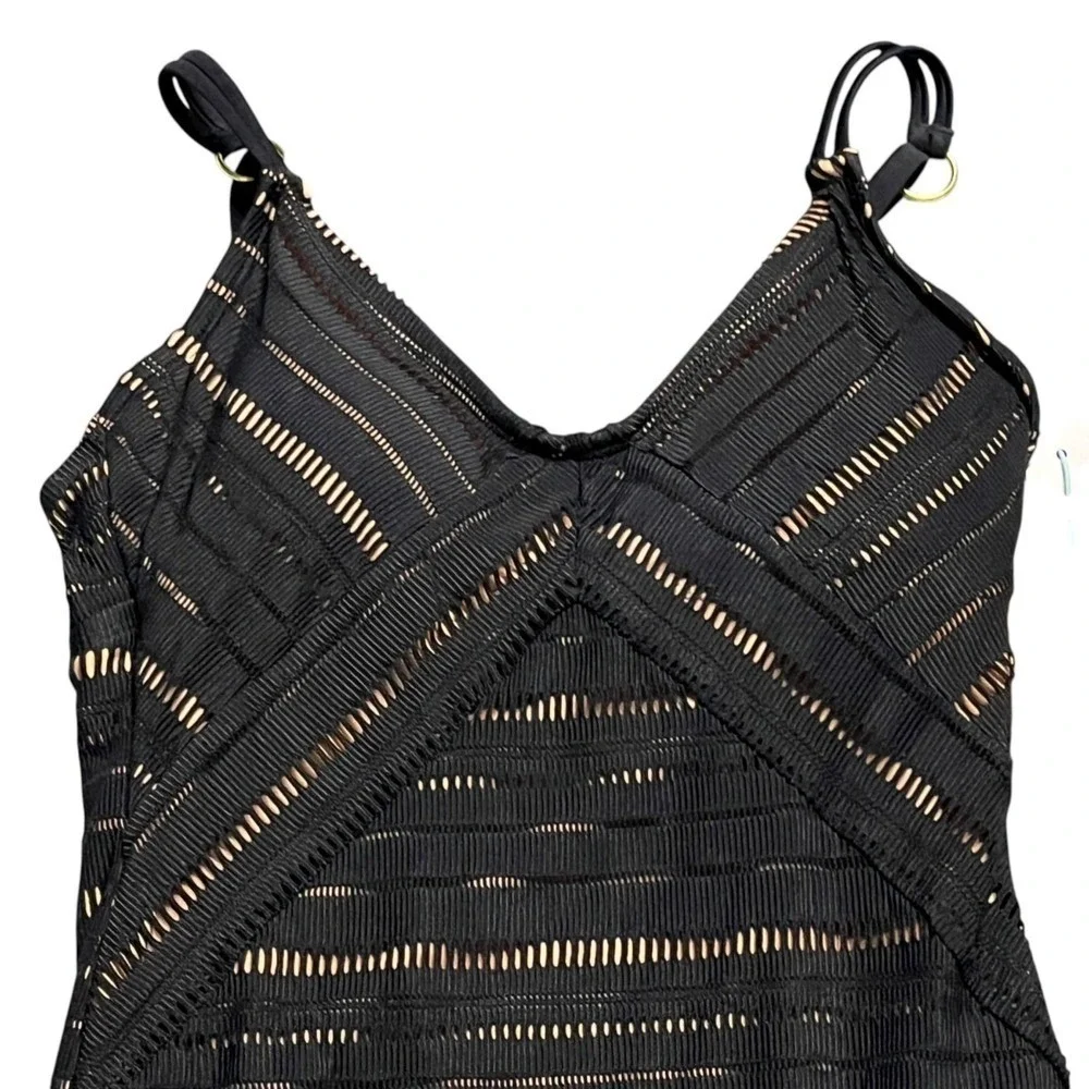 KONA SOL Swimsuit Black‎ Lace Crochet Nude Illusion One Piece Bathing Suit Small